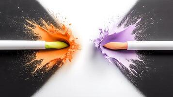 Colorful splashes from paintbrushes creating vibrant patterns on a contrasting background photo