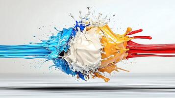 Colorful splashes of paint collide dynamically against a neutral background, showcasing motion photo