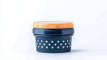 Colorful stackable storage containers with a polka dot design against a clean white background photo
