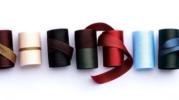 Colorful spools of ribbon arranged neatly on a white background, showcasing various shades and textures photo