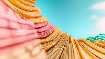 Colorful stack of documents creating a wave effect against a bright sky background photo