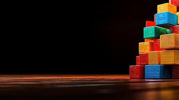 Colorful stacking blocks creating a playful pyramid on a dark surface with soft lighting photo