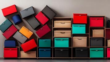Colorful stacked drawers in a modern interior, showcasing organization and design aesthetics photo