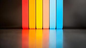 Colorful stacked objects reflecting light on a smooth surface, creating a vibrant visual effect photo