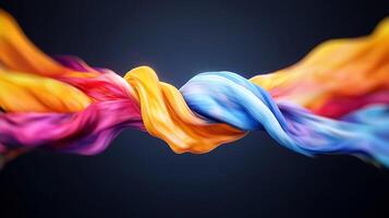 Colorful strands of fabric intertwine against a dark background, creating a vibrant visual effect photo