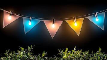 Colorful string lights illuminate a festive atmosphere with vibrant triangular banners and foliage photo