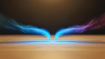 Colorful swirling smoke streams merging at a central point on a smooth surface, creating a dynamic visual effect photo