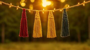 Colorful tassels hanging on a string with warm sunlight in the background, creating a festive atmosphere photo
