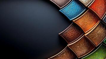 Colorful textured panels arranged in a curved design against a dark background, ideal for abstract art photo