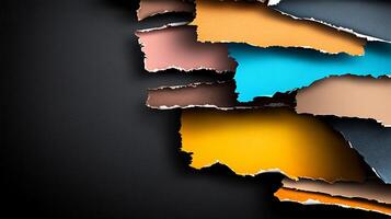Colorful torn paper layers creating a vibrant texture on a dark background for design use photo
