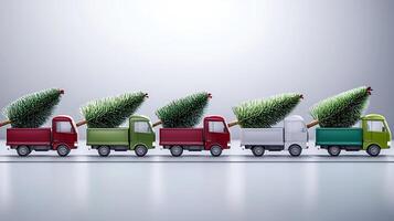 Colorful toy trucks transporting Christmas trees on a sleek surface with a minimalistic backdrop photo