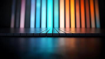 Colorful vertical lines create a vibrant backdrop for a sleek wooden floor in a modern setting photo