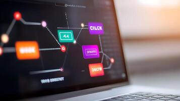 Colorful user interface elements displayed on a laptop screen with a blurred background photo