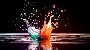 Colorful water splash creating vibrant droplets against a dark background, showcasing motion and fluidity photo