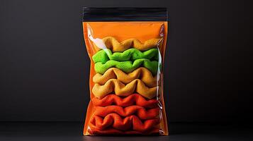 Colorful wavy snack packaging displayed against a dark background, emphasizing texture and design photo