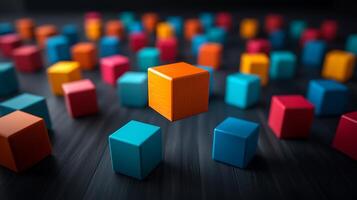 Colorful wooden blocks floating above a dark wooden surface, creating a playful scene photo