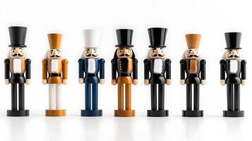 Colorful wooden nutcracker figurines in a row, showcasing various designs and styles against a white background photo