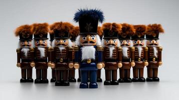 Colorful wooden nutcracker figurines arranged in a festive display with a neutral background photo