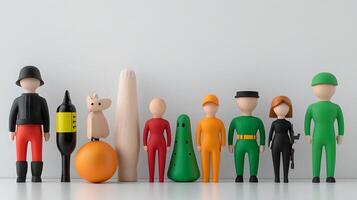 Colorful wooden figurines of various characters arranged on a minimalist background, showcasing diversity photo