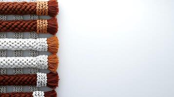 Colorful woven ropes arranged neatly on a white background, showcasing texture and design elements photo