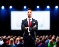 Confident businessman presenting at a corporate event with audience in the background photo