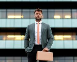 Confident businessman standing with a briefcase outside a modern office building at sunset photo