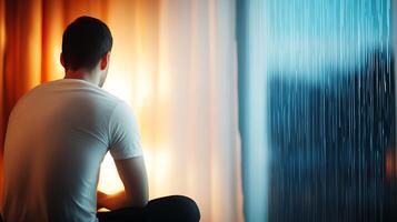 Contemplative figure gazing through a rainy window, contrasting warm and cool light in the background photo