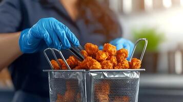 Cook preparing crispy fried chicken nuggets in a kitchen with modern appliances and plants photo