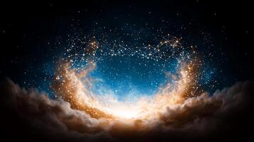 Cosmic scene depicting a luminous explosion of stars and clouds in a night sky, evoking wonder photo
