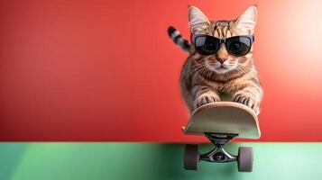 Cool cat on skateboard wearing sunglasses, vibrant background, showcasing playful attitude photo