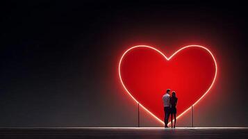 Couple embracing in front of a glowing heart symbol, creating a romantic atmosphere photo