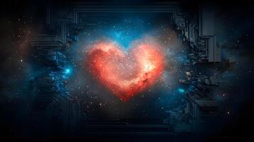 Cosmic heart shape glowing in a starry universe with abstract structures surrounding it photo