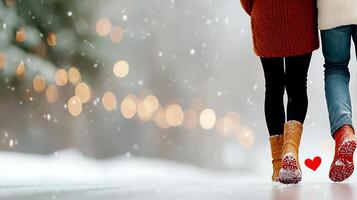 Couple walking hand in hand on a snowy path, surrounded by twinkling lights and winter trees photo