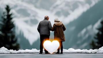 Couple standing together in snowy mountains, surrounded by trees, with a glowing heart symbol in the snow photo