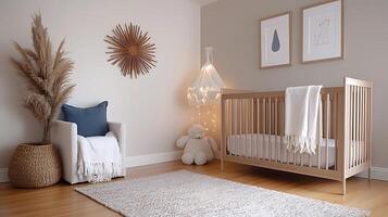 Cozy and modern nursery featuring a crib, decorative elements, and soft lighting in a serene setting photo