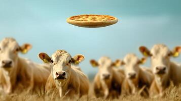 Cows gazing at a floating pizza in a serene farm setting with a clear sky backdrop photo