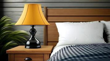 Cozy bedroom scene featuring a stylish bedside lamp, wooden furniture, and a neatly made bed photo