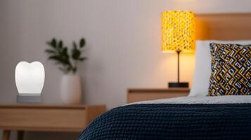 Cozy bedroom scene featuring a unique lamp, colorful bedding, and decorative elements in a modern setting photo