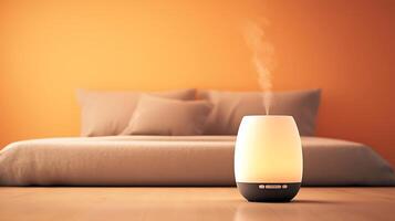 Cozy bedroom with an aroma diffuser emitting steam against a warm orange wall, creating a relaxing atmosphere photo