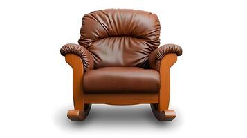 Cozy brown leather rocking chair with plush cushions, set against a minimalist white backdrop photo