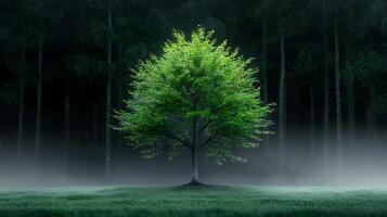 Lush green tree standing alone in a misty forest, symbolizing solitude and tranquility photo