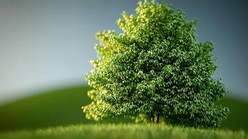 Lush Green Tree Standing Alone on a Hill with a Soft Gradient Sky in the Background photo