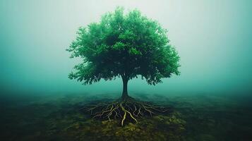 Lush green tree with exposed roots standing in a misty landscape, symbolizing growth and resilience photo