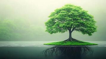 Lush green tree standing on a small island in a misty lake surrounded by dense forest photo