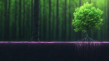 Lush green tree with vibrant roots in a mystical forest setting, showcasing nature's beauty photo