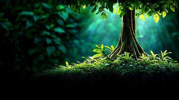 Lush green tree with sunlight filtering through leaves, creating a serene forest atmosphere photo