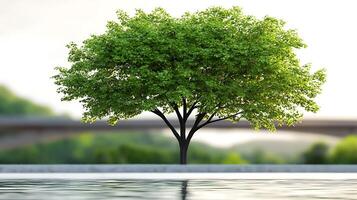 Lush green tree standing tall by a serene water body with a bridge in the background photo
