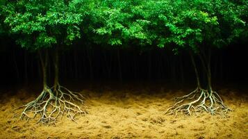 Lush green trees with intricate roots in a serene forest setting, showcasing nature's beauty photo
