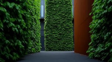 Lush Green Vertical Gardens Framing a Modern Pathway in an Urban Environment photo