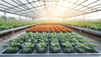 Lush greenhouse filled with vibrant plants and seedlings, illuminated by warm sunlight photo